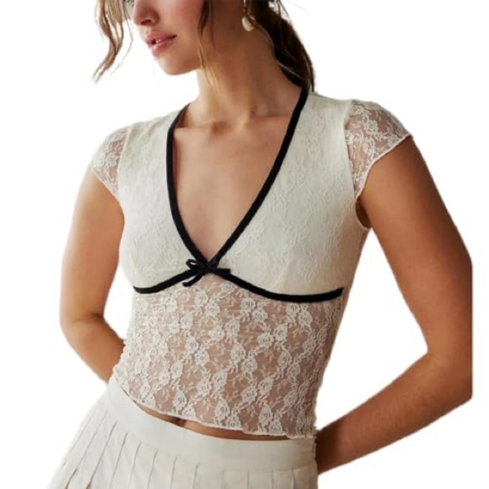 Thirty/ Thirty Cream Lace Top with Black Trim